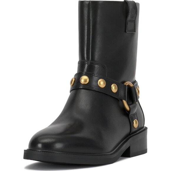 ⚡Women's Black Imported Western Pointy Toe Mid Calf Chunky Heel Biker Boot - Picture 1 of 7